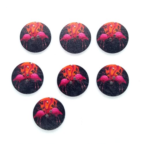 7 boutons en bois fantaisie - 2 flamand rose - 20mm - bri548