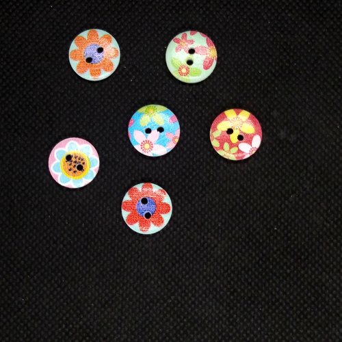 6 boutons en bois fantaisie - multicolore - 15mm - bri514n7
