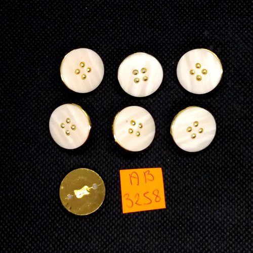 7 boutons en résine beige et doré - 18mm - ab3258