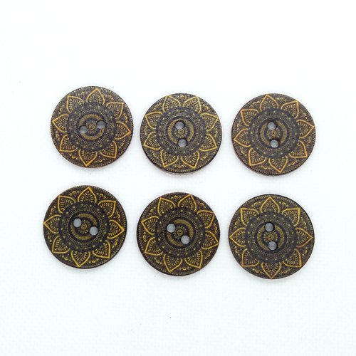 6 boutons en bois fantaisie - rosace - 25mm - bri537