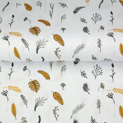 Tissu stenzo popeline de coton - plumes , feuilles blanc et moutarde - 20cm / laize