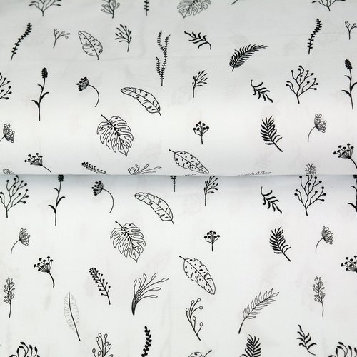 Coupon tissu stenzo popeline de coton - plumes , feuilles blanc et noir - 50x50cm