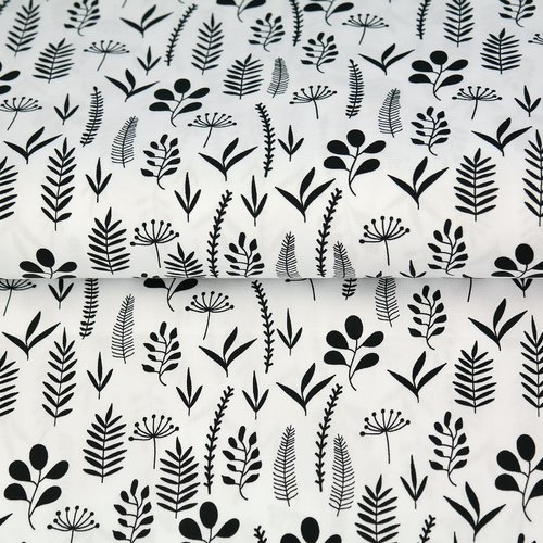 Tissu stenzo popeline de coton - blé, feuilles champêtre noir et blanc - 20cm / laize
