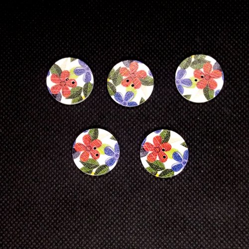 5 boutons en bois fantaisie - fleur rouge et bleu - 20mm - bri551