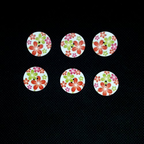 6 boutons en bois fantaisie - fleur multicolore - 20mm - bri551