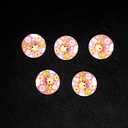 5 boutons en bois fantaisie - fleur multicolore  - 20mm - bri551