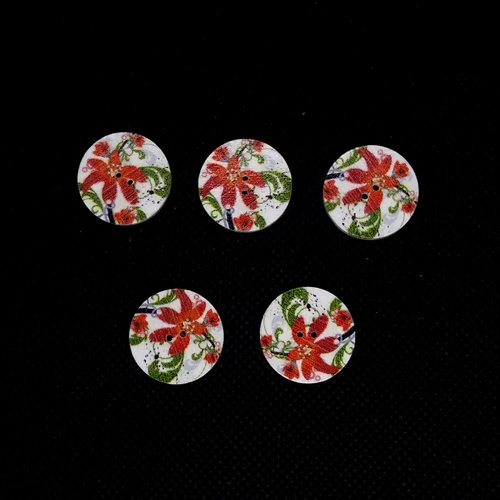 5 boutons en bois fantaisie - fleur rouge sur fond blanc  - 20mm - bri551