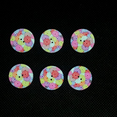 6 boutons en bois fantaisie - des ronds multicolores  - 20mm - bri551