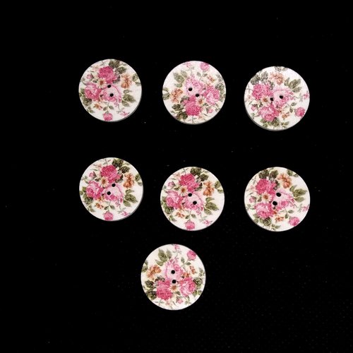 7 boutons en bois fantaisie - fleur sur fond blanc et mauve/rose   - 20mm - bri551