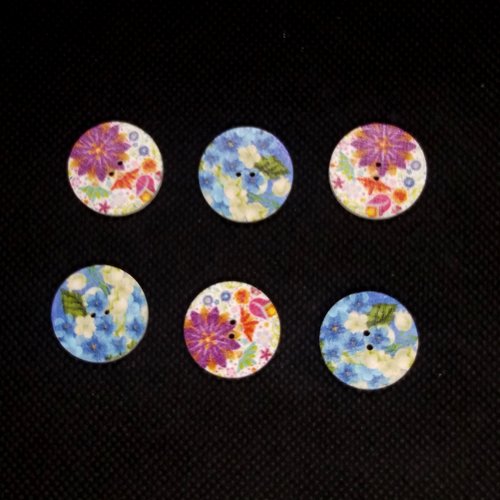 6 boutons en bois fantaisie - multicolore   - 20mm - bri551