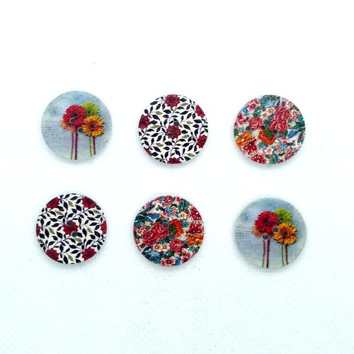 6 boutons en bois fantaisie - fleur multicolore - 20mm - bri553n10