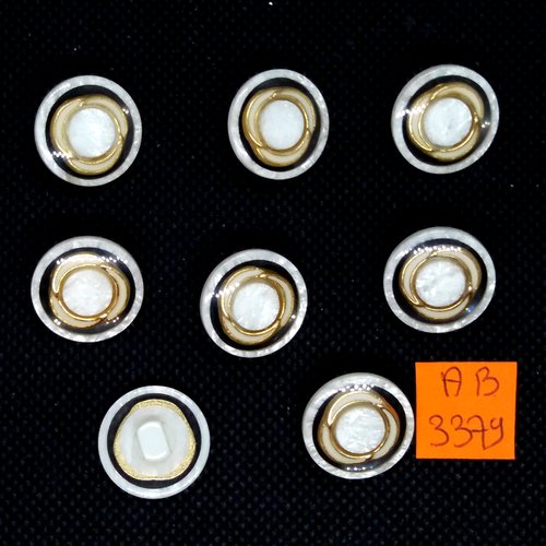 8 boutons en résine blanc et doré - 18mm - ab3379