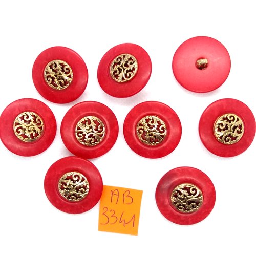 9 boutons en résine rouge et doré - 22mm - ab3341