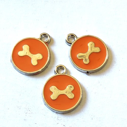 3 breloques médaille os de chien orange - résine - 17x14mm - b142