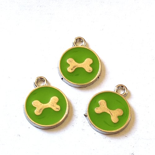 3 breloques médaille os de chien vert - résine - 17x14mm - b144