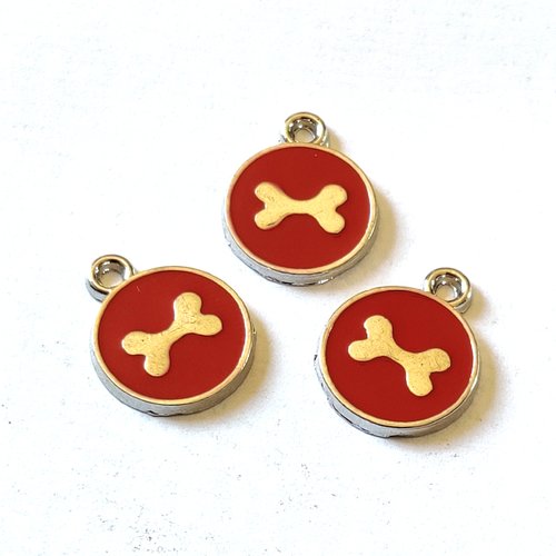 3 breloques médaille os de chien rouge - résine - 17x14mm - b146
