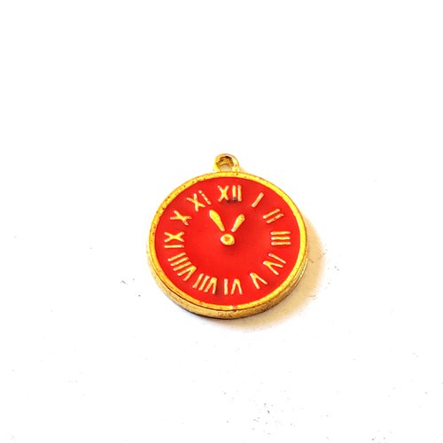 1 breloque horloge rouge - métal & émail - 14x17mm - b148