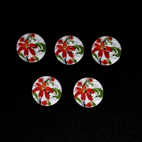 5 boutons en bois fantaisie fleur rouge - 25mm - bri556n2