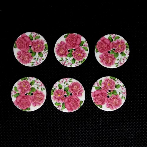 6 boutons en bois fantaisie fleur rose - 25mm - bri556n1
