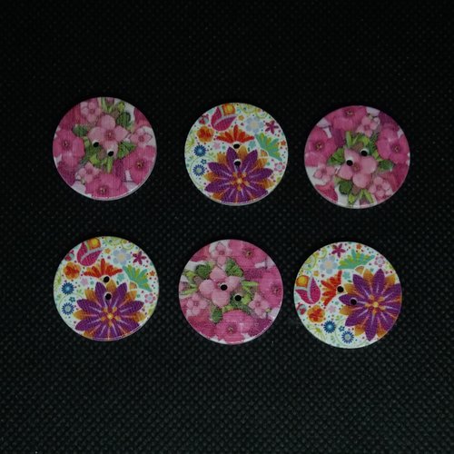 6 boutons en bois fantaisie fleur multicolore - 25mm - bri556n5