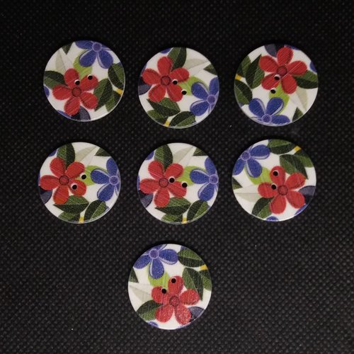 7 boutons en bois fantaisie fleur rouge et bleu - 25mm - bri556n6