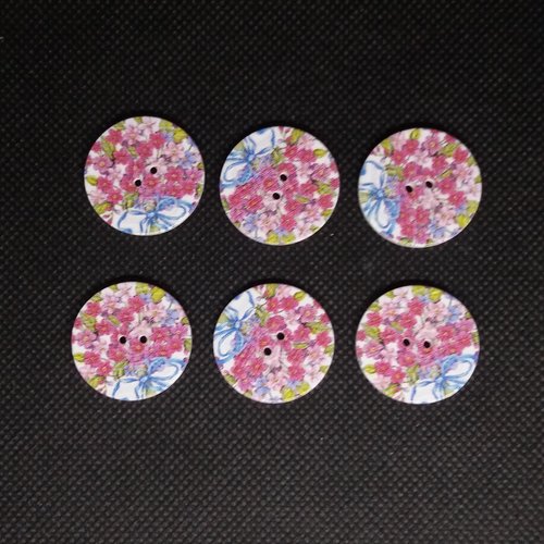 6 boutons en bois fantaisie fleur rose et bleu - 25mm - bri556n7