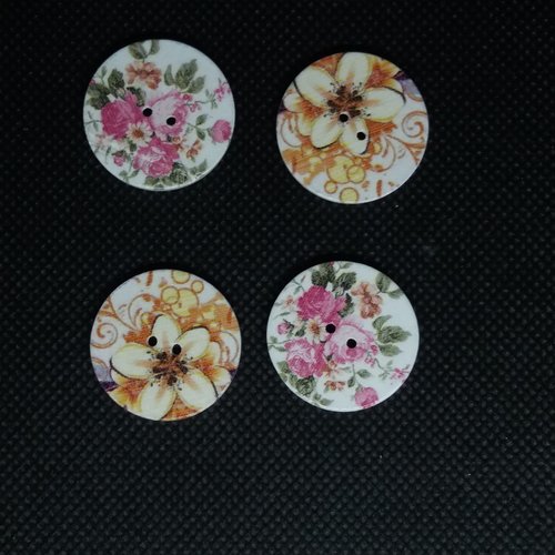 4 boutons en bois fantaisie fleur multicolore - 25mm - bri556n8