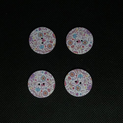 4 boutons en bois fantaisie fleur multicolore - 25mm - bri556n9