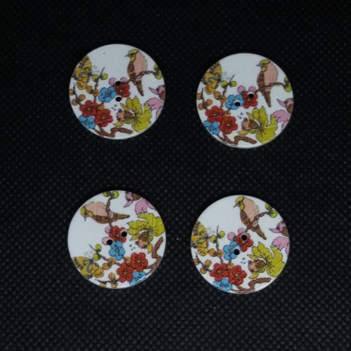 4 boutons en bois fantaisie oiseaux et fleur multicolore - 25mm - bri556n19