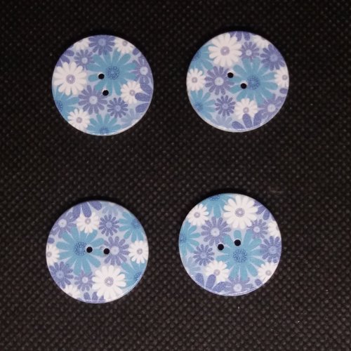4 boutons en bois fantaisie fleur bleu et blanche - 25mm - bri556n13