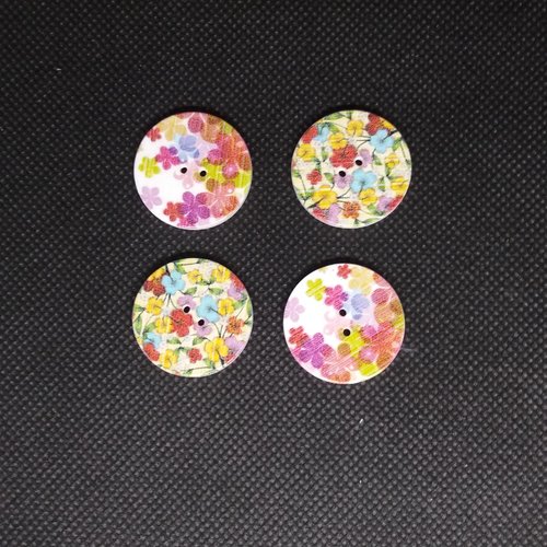 4 boutons en bois fantaisie fleur multicolore - 25mm - bri556n11