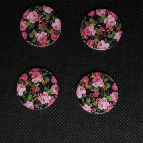 4 boutons en bois fantaisie fleur rose sur fond noir- 25mm - bri556n15