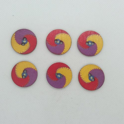 6 boutons en bois fantaisie - rouge mauve jaune - 25mm - bri557