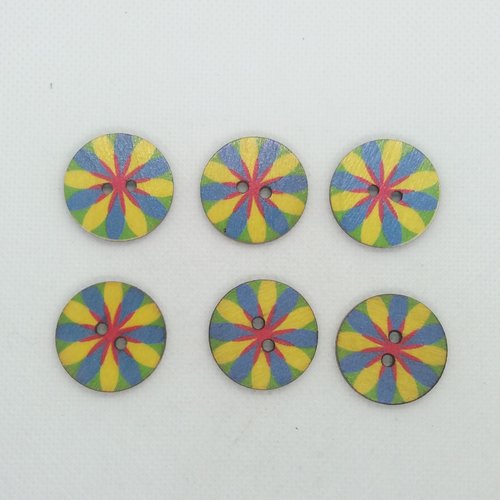 6 boutons en bois fantaisie - jaune bleu rouge - 25mm - bri558