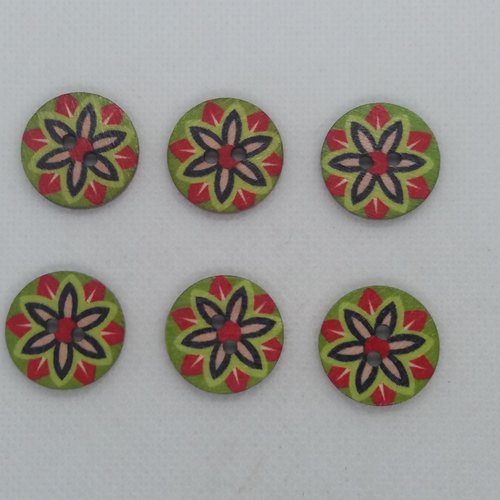 6 boutons en bois fantaisie - rouge et noir sur fond vert  - 20mm - bri559n7
