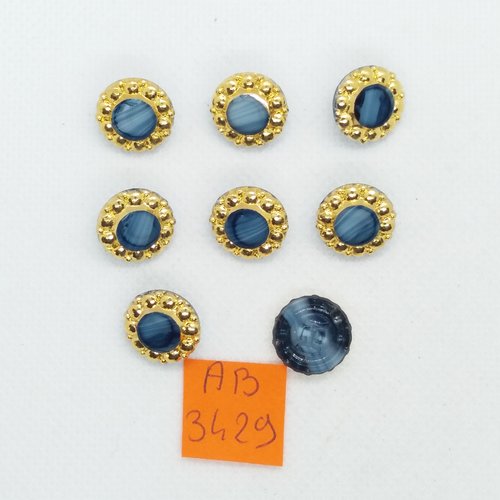 8 boutons en résine doré et verre bleu - 13mm - ab3429