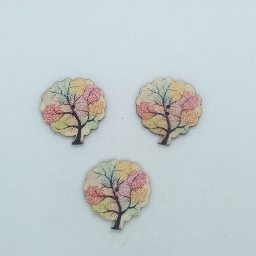 3 boutons en bois fantaisie - arbre multicolore - 30x30mm - bri571
