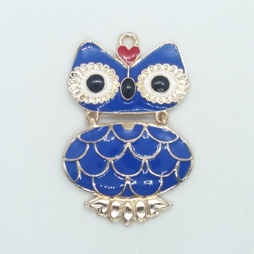 Pendentif en métal & emaille bleu et argenté - une chouette - 1