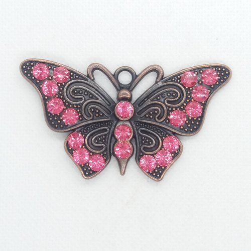Pendentif en métal bronze et strass rose  - un papillon - 9