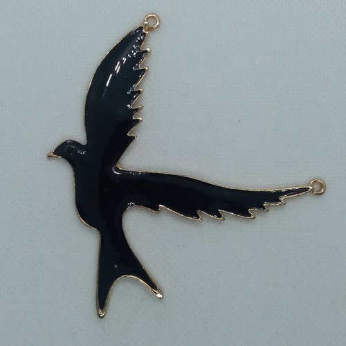 Pendentif connecteur en métal & emaille doré et noir - un oiseaux - 10