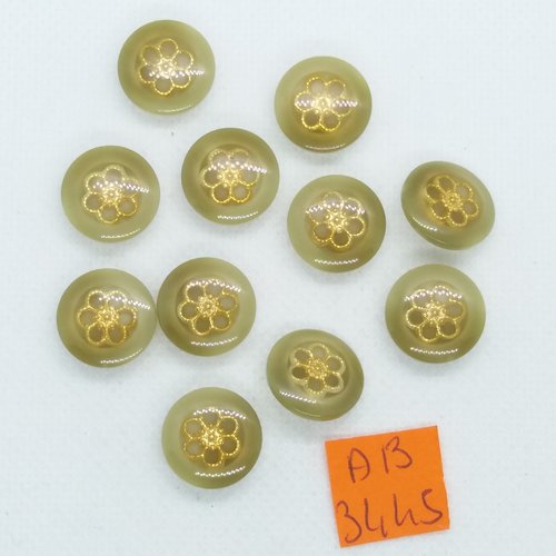 11 boutons en résine vert et doré - 15mm - ab3445