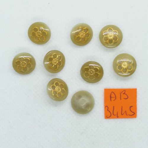 9 boutons en résine vert et doré - 12mm - ab3445