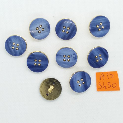 9 boutons en résine bleu et doré - 18mm - ab3450
