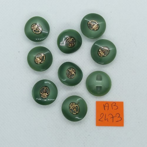 9 boutons en résine vert et doré - 17mm - ab3473