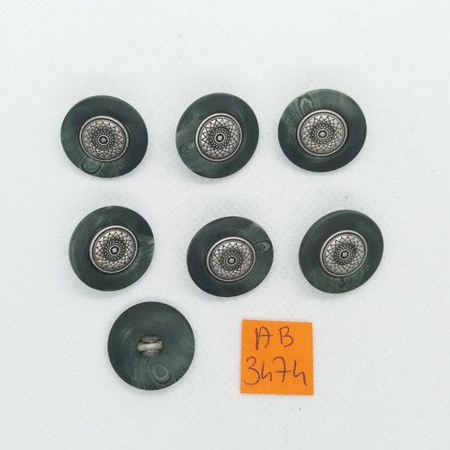 7 boutons en résine vert et argenté - 20mm - ab3474