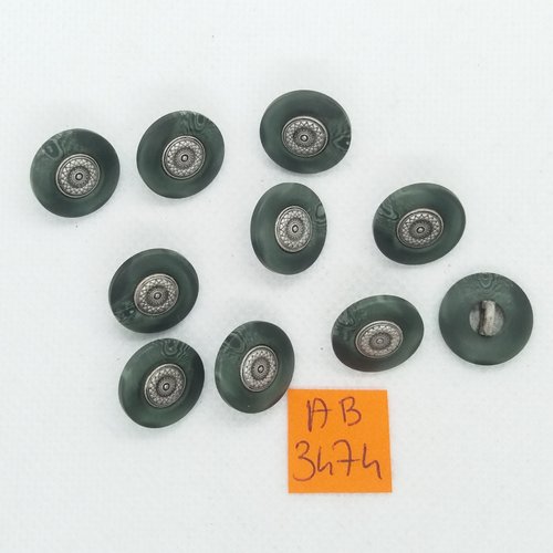 9 boutons en résine vert et argenté - 15mm - ab3474