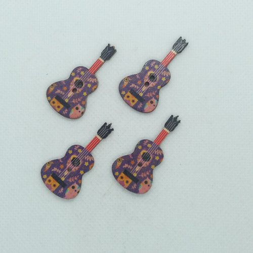 4 boutons en bois fantaisie - une guitare fond violet et multicolore - 36x18mm - bri572