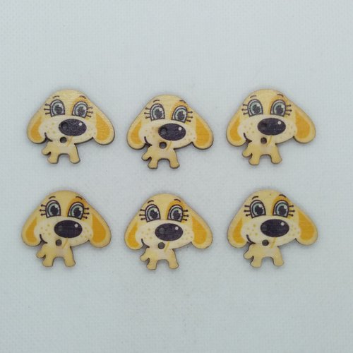 6 boutons en bois fantaisie - tete de chien jaune et noir - 26x30mm - bri565