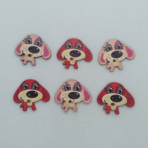 6 boutons en bois fantaisie - tete de chien rose rouge et noir - 26x30mm - bri565