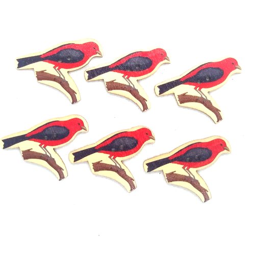 6 boutons en bois fantaisie - oiseaux rouge noir - 29x43mm - bri586